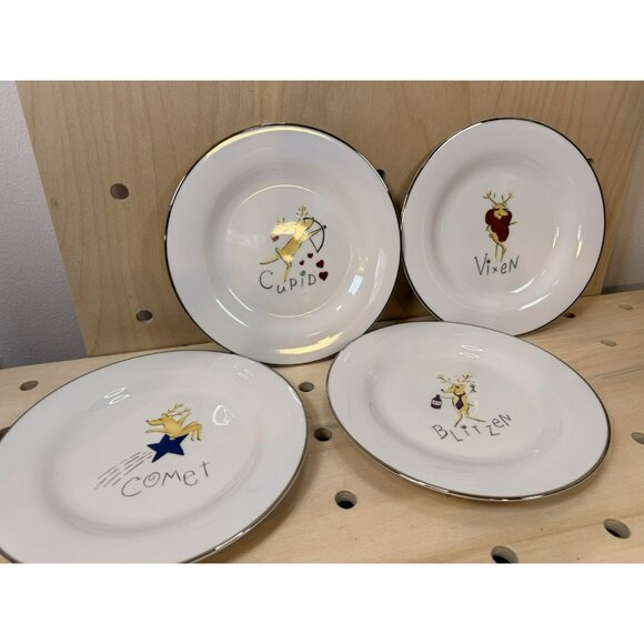 Pottery Barn Playful Reindeer Dishes Comet Vixen Blitzen Cupid 12 Piece 4 Sets - Picture 3 of 15